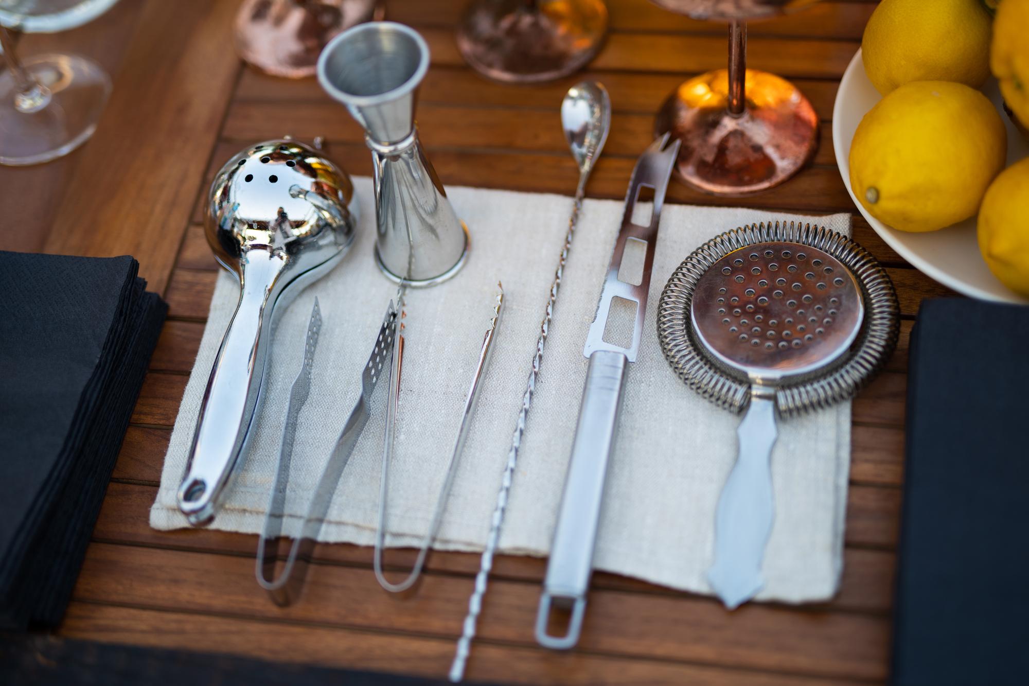 Workshop table with plated starter and tools