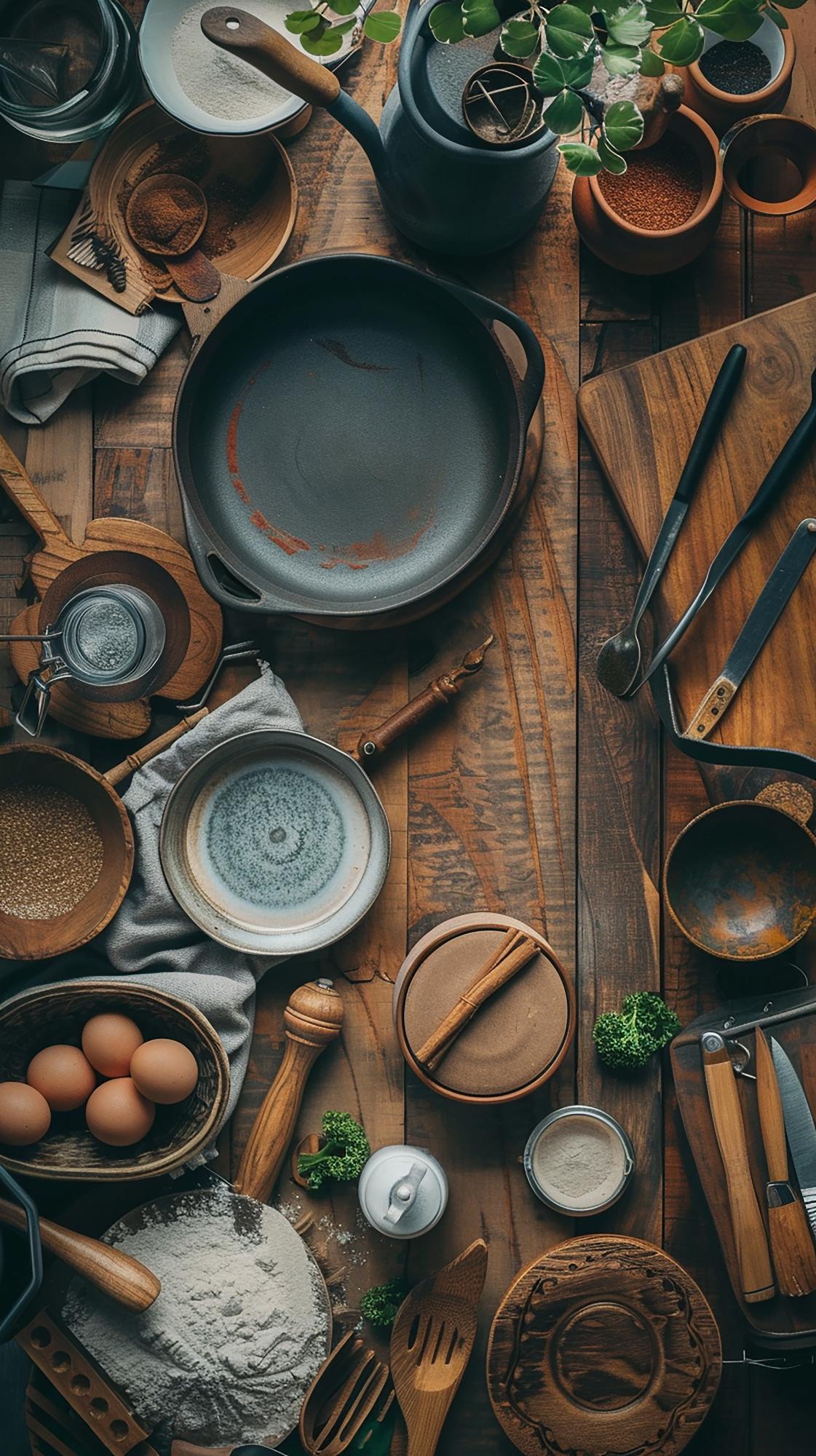 Workshop table with tools and plated dishes